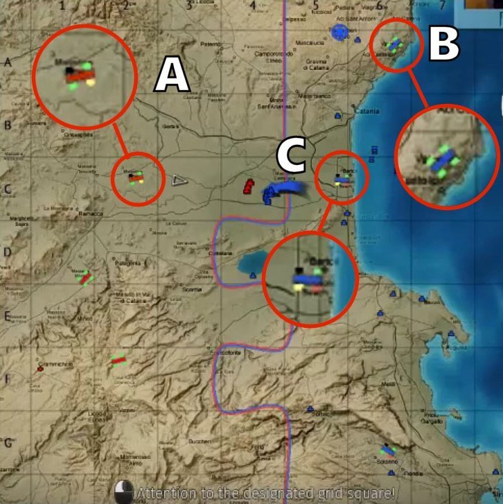 Annotation to map screenshot: Airfield A: the airstrip has been destroyed, and the parking area is damaged. New aircraft cannot spawn, and repair speed is reduced. Airfield B: all modules are functioning normally. Airfield C: the airstrip has been destroyed, the fuel warehouse is damaged, and the parking area is heavily damaged. New aircraft cannot spawn, refueling and reloading speed are reduced, and repair speed is significantly reduced.